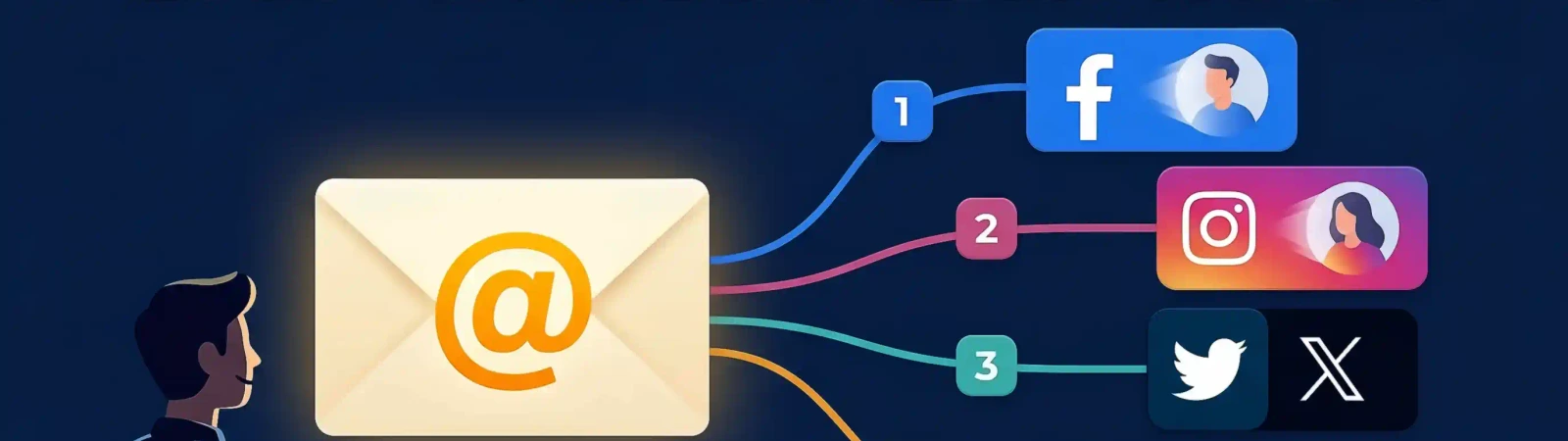 Finding social media accounts by email search illustration