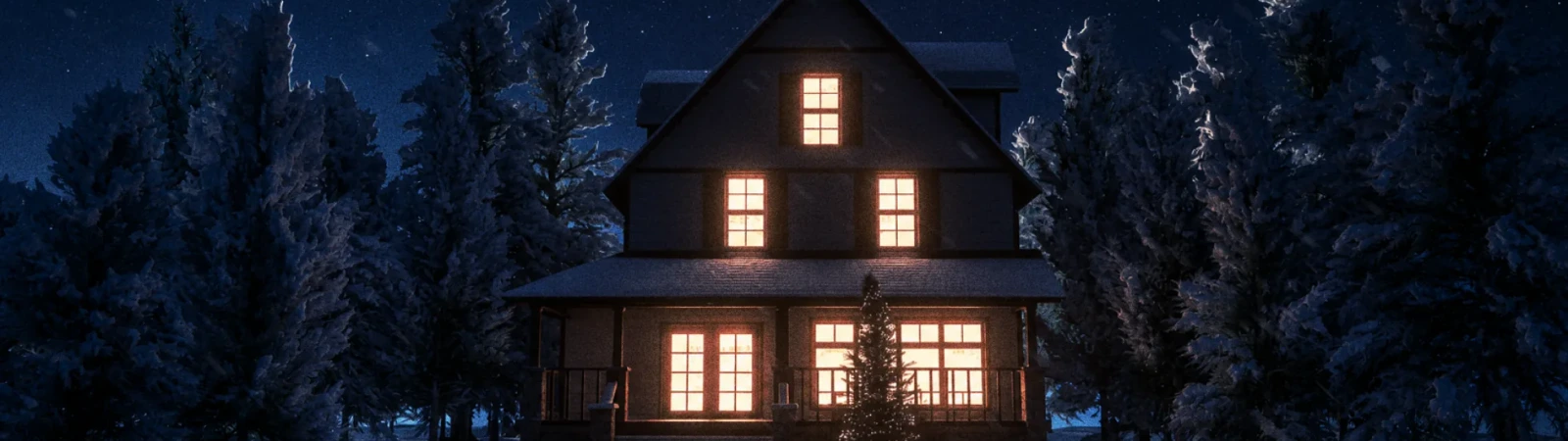 A three-storey house with warmly lit windows and a small decorated fir tree at night, among snow-covered fir trees under a starry sky