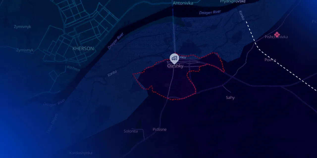Map of Oleshky on the left bank of the Dnipro, across from Kherson: the town’s boundary is marked with a red dashed line