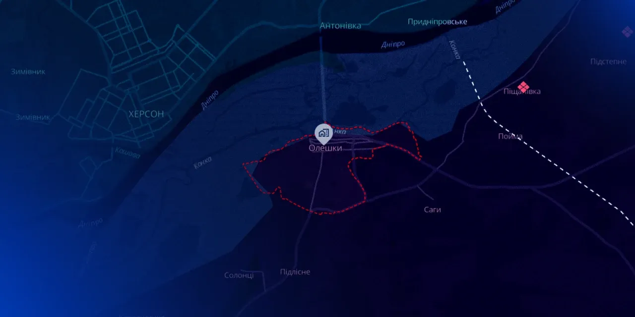 Карта Олешок на лівому березі Дніпра навпроти Херсона: червоним пунктиром позначено межі міста